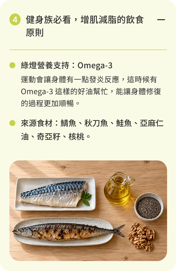 健身族必看，增肌減脂的飲食原則｜綠燈營養支持：Omega-3。運動會讓身體有一點發炎反應，這時候有 Omega-3 這樣的好油幫忙，能讓身體修復的過程更加順暢。來源食材：鯖魚、秋刀魚、鮭魚、亞麻仁油、奇亞籽、核桃。
