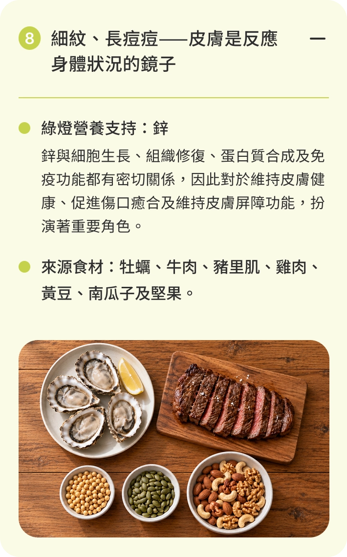 細紋、長痘痘——皮膚是反應身體狀況的鏡子｜綠燈營養支持：鋅。鋅與細胞生長、組織修復、蛋白質合成及免疫功能都有密切關係，因此對於維持皮膚健康、促進傷口癒合及維持皮膚屏障功能，扮演著重要角色。來源食材：牡蠣、牛肉、豬里肌、雞肉、黃豆、南瓜子及堅果。