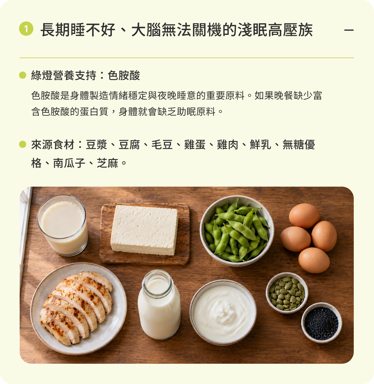 長期睡不好、大腦無法關機的淺眠高壓族｜綠燈營養支持：色胺酸。色胺酸是身體製造情緒穩定與夜晚睡意的重要原料。如果晚餐缺少富含色胺酸的蛋白質，身體就會缺乏助眠原料。來源食材：豆漿、豆腐、毛豆、雞蛋、雞肉、鮮乳、無糖優格、南瓜子、芝麻。