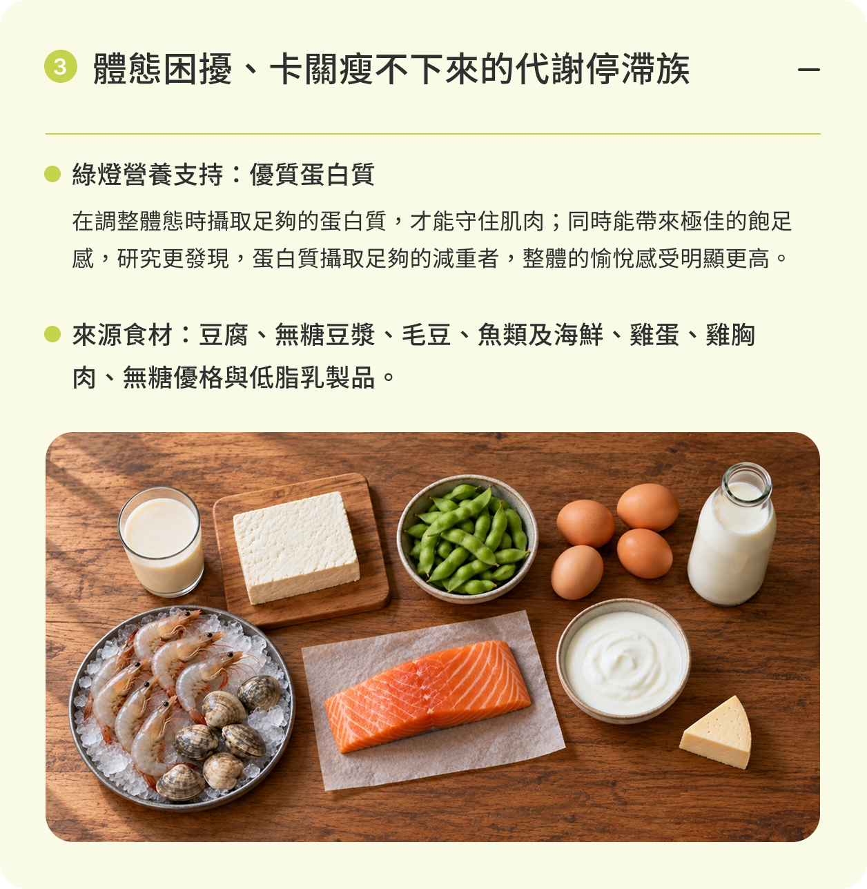 體態困擾、卡關瘦不下來的代謝停滯族｜綠燈營養支持：優質蛋白質。在調整體態時攝取足夠的蛋白質，才能守住肌肉；同時能帶來極佳的飽足感，研究更發現，蛋白質攝取足夠的減重者，整體的愉悅感受明顯更高。來源食材：豆腐、無糖豆漿、毛豆、魚類及海鮮、雞蛋、雞胸肉、無糖優格與低脂乳製品。