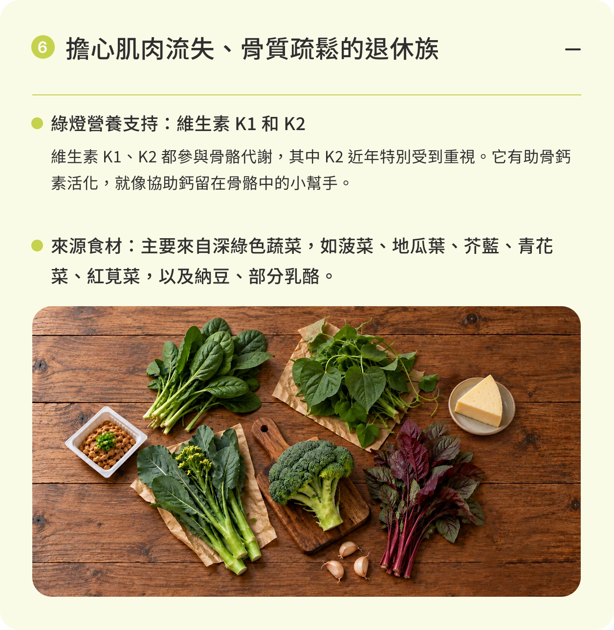 擔心肌肉流失、骨質疏鬆的退休族｜綠燈營養支持：維生素 K1 和 K2。維生素 K1、K2 都參與骨骼代謝，其中 K2 近年特別受到重視。它有助骨鈣素活化，就像協助鈣留在骨骼中的小幫手。來源食材：主要來自深綠色蔬菜，如菠菜、地瓜葉、芥藍、青花菜、紅莧菜，以及納豆、部分乳酪。